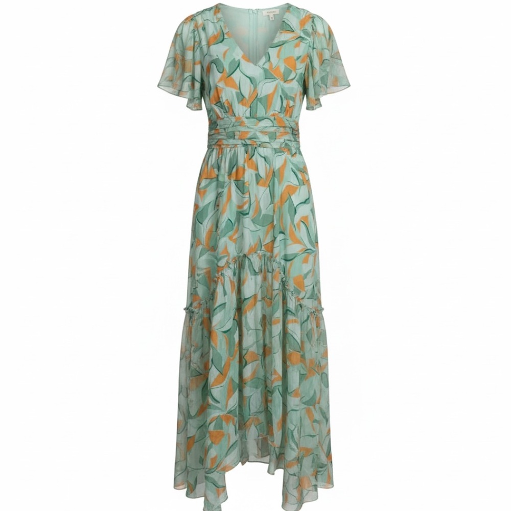 Ramy Brook Amber Leaf Print Chiffon Midi Dress Size 0 Mint Green Orange Resort